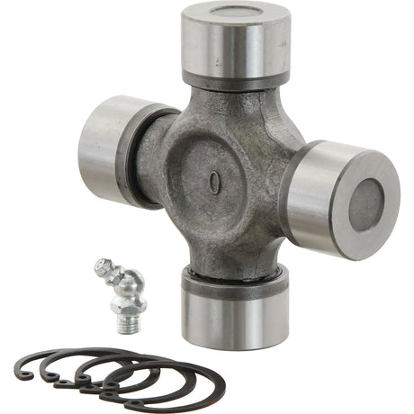 A Sparex Universal Joint - 35 x 106.5mm (Standard Duty), Sparex Part No.S.2496, featuring four bearing caps, a grease fitting, and a set of retaining clips on a white background.