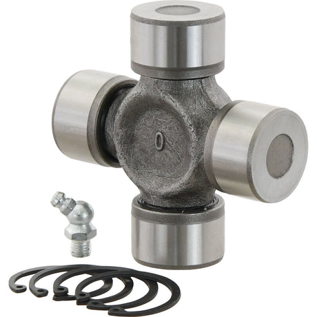 A Sparex Universal Joint - 35 x 94mm (Standard Duty) with four caps, a zerk fitting, and four retaining clips is arranged on a white background.