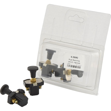 A Sparex pack of Push Switches (short) - Agripak (Sparex Part No.S.25062) in black with brass components displayed in a clear, partially open plastic packaging. Three switches are positioned outside the Agripak, showcasing their design.