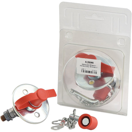 Sparex Battery Cut Off Switch - Standard Duty (Sparex Part No. S.25065) with metal mounting plate, chain, and additional hardware for 12-48V systems. Rated at 150 Amps. Packaged and unpackaged versions are shown side by side.