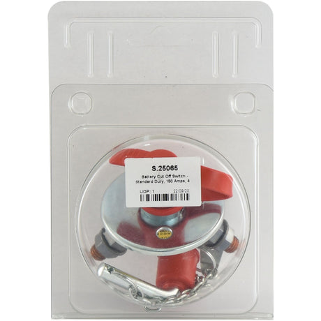 A packaged Sparex Battery Cut Off Switch, featuring a red handle and labeled with details such as standard duty, 150 Amps, and codes for 12-48V systems, identified as Sparex Part No. S.25065 (Agripak).