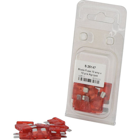 A pack of 10 red Blade Fuse 10A (Sparex Part No. S.25147) from the Sparex Agripak series is displayed, with some fuses scattered in front of the sealed packaging.