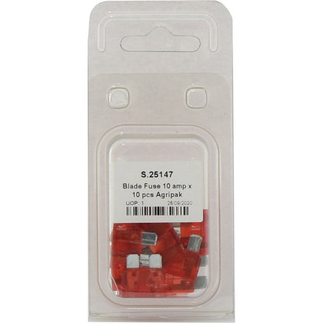 A plastic packaging containing ten red 10-amp blade fuses, labeled with "Blade Fuse 10A, 10 pcs. Agripak | Sparex Part No.S.25147" and other Sparex product details.