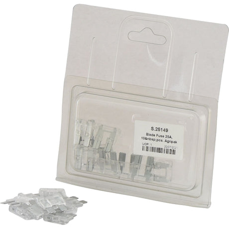 A package labeled "Blade Fuse 25A, 10 pcs" containing small, clear blade fuses from Sparex (Agripak | Sparex Part No.S.25149). Some fuses are scattered outside the packaging.