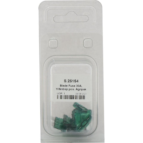 Pack of 10 Blade Fuse 30A, Agripak by Sparex (Part No. S.25154) in green, inside clear plastic packaging with product label.