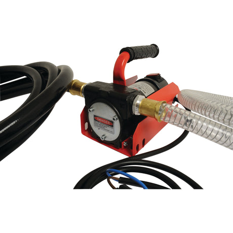 Close-up of the Sparex Fuel Transfer Pump (12V) - S.2532 with attached hoses and cables, featuring a black handle and red base, designed for diesel transfer purposes. It efficiently handles up to 40 litres per minute.