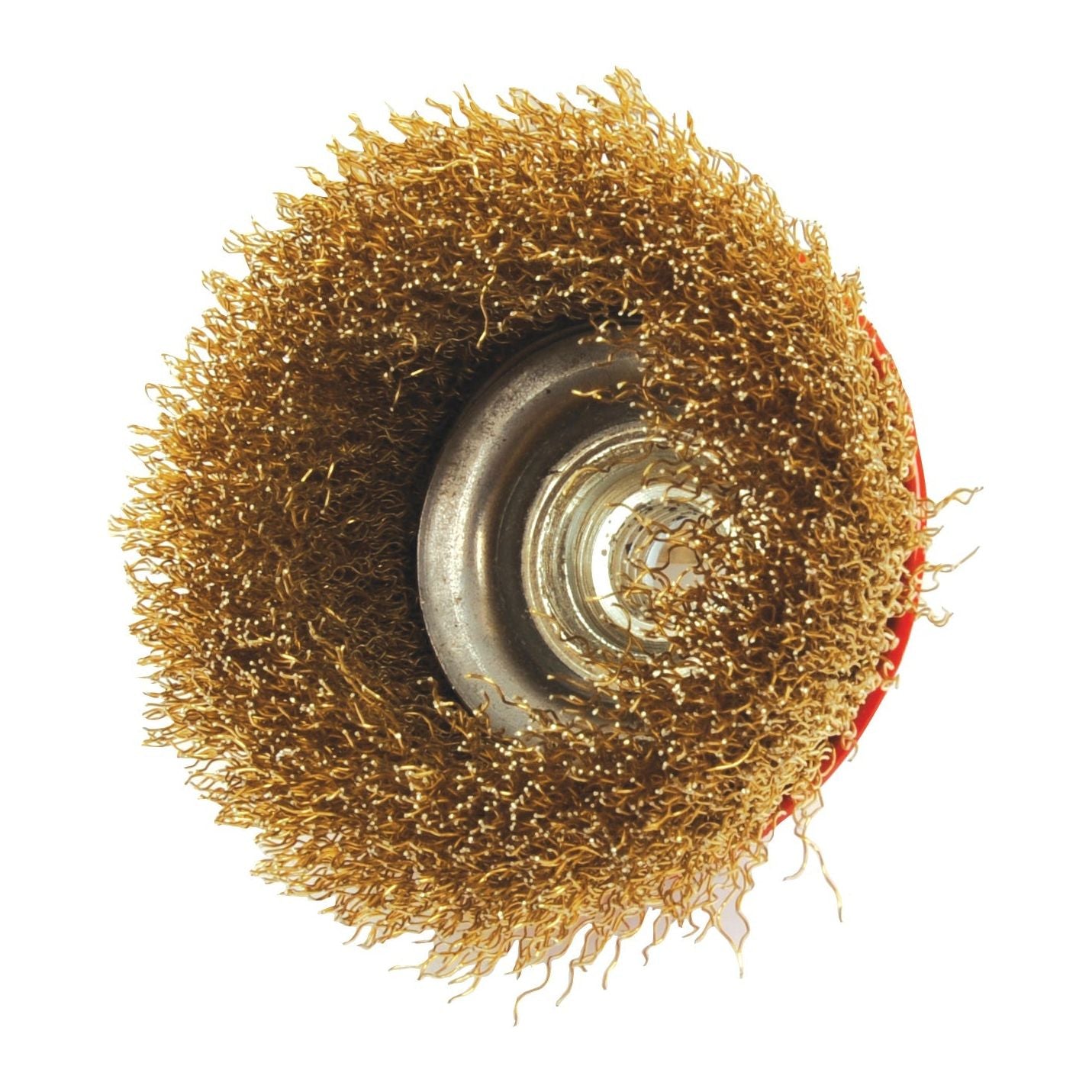 Close-up view of a Sparex Crimp Cup Wire Brush 75mm (Part No. S.25362) attachment for power tools, featuring densely packed brass-dipped bristles that form a circular shape around a central metal hub.