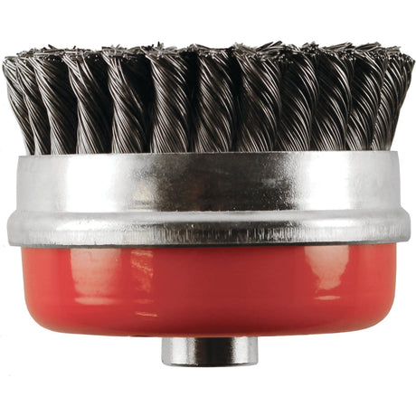 A close-up of the Sparex Twist Knot Cup Wire Brush 95mm (Sparex Part No. S.25365) featuring twisted steel bristles and a red base, measuring 95mm in diameter.