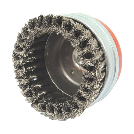 The Twist Knot Cup Wire Brush 95mm from Sparex, also known as Sparex Part No.S.25365, features twisted bristles and a metal core, making it ideal for cleaning or surface preparation tasks.