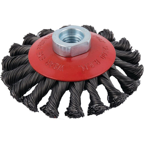 The Sparex Twist Bevelled Wire Brush 100mm (Sparex Part No. S.25366) is a red and silver circular tool with twisted steel bristles, ideal for cleaning or surface preparation, and features a threaded metal center.