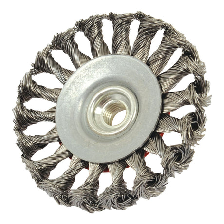 A close-up of the Sparex Twist Bevelled Wire Brush 100mm (Sparex Part No. S.25366) reveals the intricacy of its twisted steel wire bristles and a central metal hole.