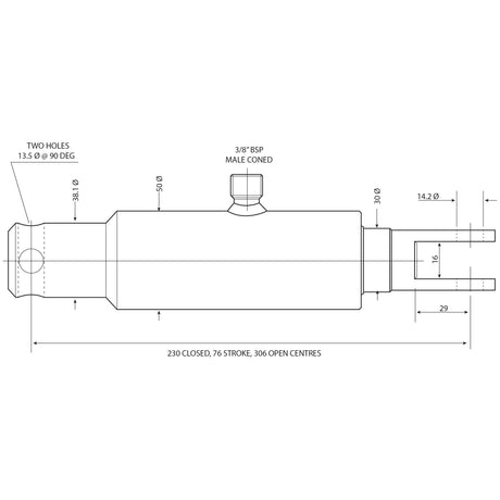 Technical drawing of the Displacement Cylinder - 30mm (Sparex Part No.S.25370) by Sparex, featuring detailed measurements and specifications such as hole placements, overall length, cylinder stroke, open centers, and a 3/8" BSP male coned connector. Maximum working pressure is also noted for reference.