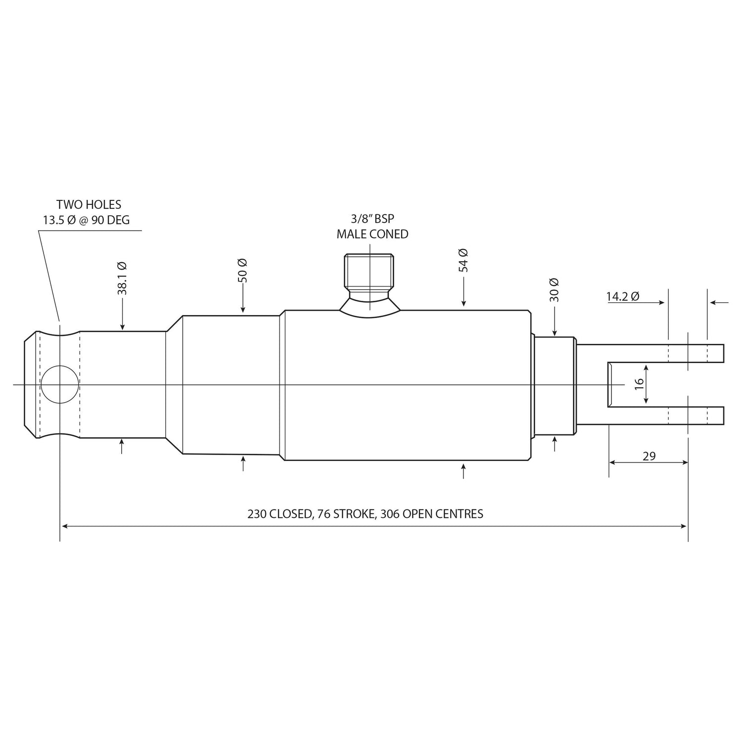 Technical drawing of a cylindrical mechanical component, specifically the Displacement Cylinder - 35mm (Sparex Part No. S.25371), with precise measurements labeled, including a 3/8 BSP male coned fitting and holes at specified distances and angles, detailing the cylinder stroke for accurate assembly.