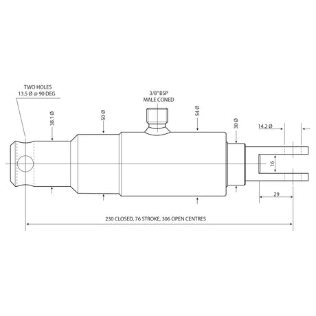 Technical drawing of a cylindrical mechanical component, specifically the Displacement Cylinder - 35mm (Sparex Part No. S.25371), with precise measurements labeled, including a 3/8 BSP male coned fitting and holes at specified distances and angles, detailing the cylinder stroke for accurate assembly.