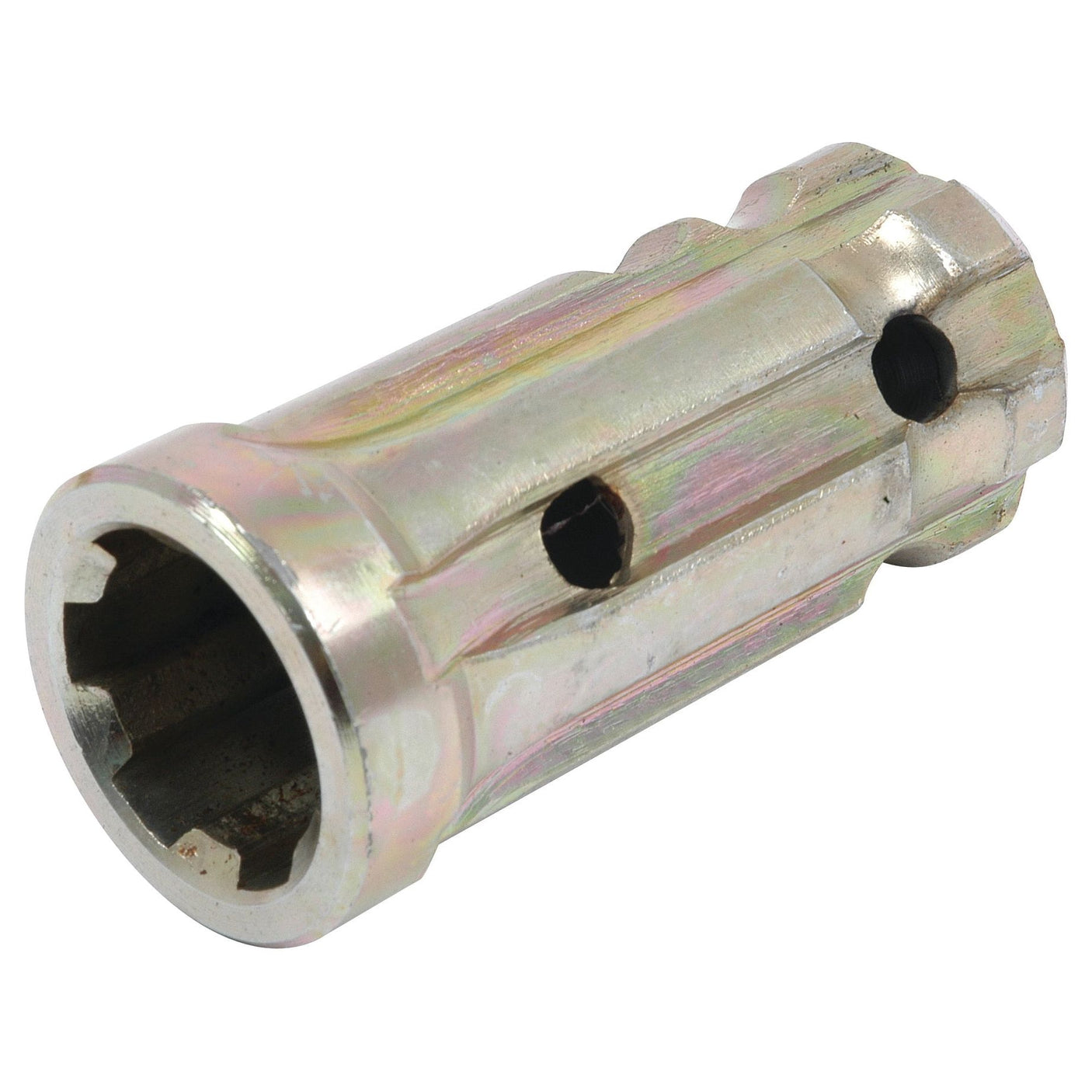 The PTO Sleeve Increaser - Female spline 1 1/8'' - 6 x Male spline 1 3/8'' - 6 with - S.253 by Sparex is a metallic cylindrical sleeve with a hollow center and exterior grooves, featuring two circular holes through the side, designed for 70HP standard duty applications.