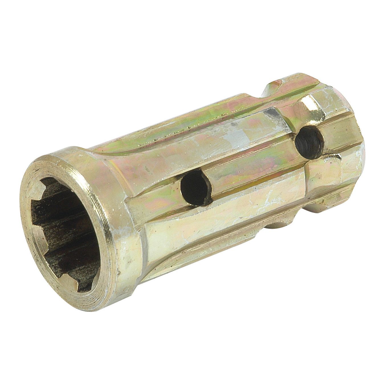 Introducing the Sparex PTO Sleeve Increaser - Female Spline 1 1/8'' - 6 x Male Spline 1 3/8'' - 6 with - S.253. This standard duty metallic hexagonal socket sleeve, featuring multiple holes and ridges, is ideal for mechanical and automotive applications and can handle up to 70HP.