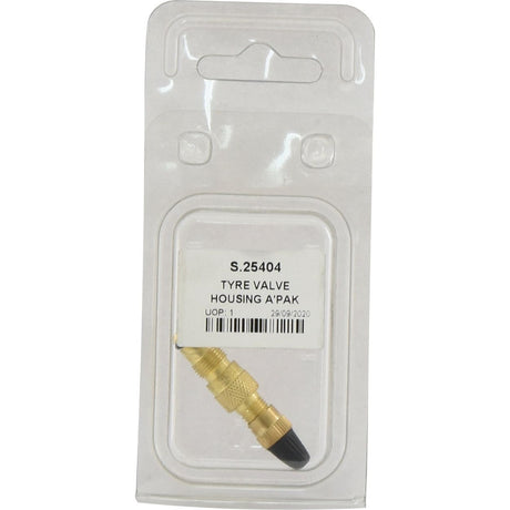 A packaged brass tire valve with a black cap. The label reads "Sparex Part No.S.25404 TYRE VALVE HOUSING A'PAK 29/09/2020." This Sparex Tyre Valve Housing ensures fast flow for optimal performance.