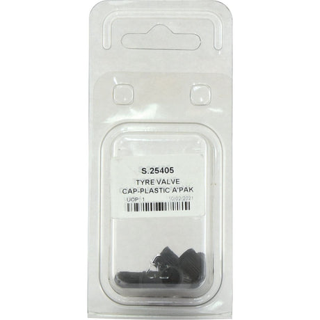 Tyre valve caps in a retail package labeled "Tyre Valve Cap Plastic Agripak 10 pcs. | Sparex Part No.S.25405" with the Sparex logo and a barcode visible.