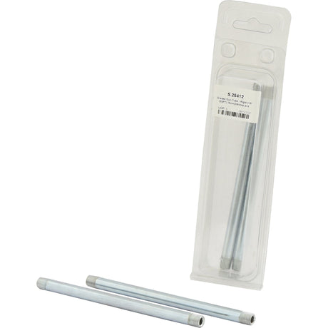 Two metal rods with threaded ends are shown, one packaged in a transparent plastic case labeled "Grease Gun Tube - Rigid (1/8'' BSPT) 15cm (2 pcs. Agripak) | Sparex Part No.S.25412" by Sparex, and the other lying rigidly beside the case.