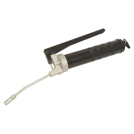 The Sparex Grease Gun - (Premium Duty) S.25452, featuring a metal nozzle and lever handle for lubrication purposes, now comes with both high pressure flexible and rigid tubes.