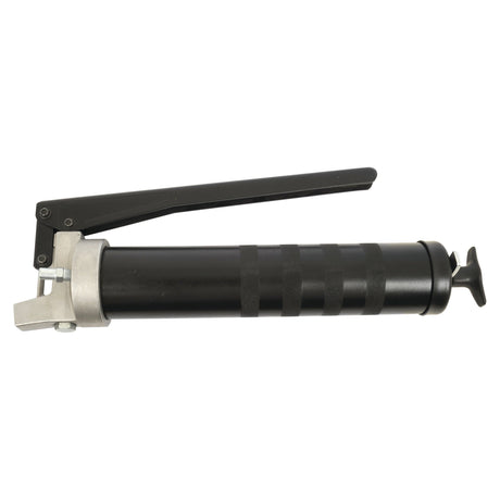 A black Grease Gun - (Premium Duty) from Sparex, designed with a lever handle and a cylindrical body, features a Premium Duty 4 jaw coupler for secure connections. It is supplied with high-pressure flexible and rigid tubes - S.25452.