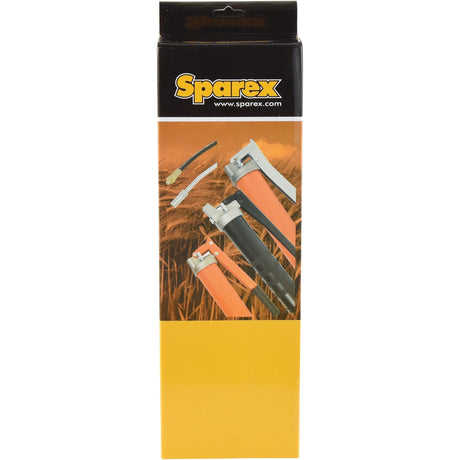 The box packaging for the Sparex Premium Duty Grease Gun (S.25452) highlights its various sizes, and includes both high pressure flexible and rigid tubes along with a 4-jaw coupler, all set against a backdrop of lush crops.