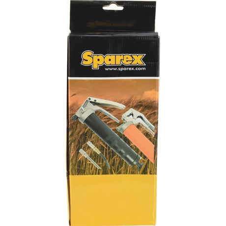 Box labeled "Sparex" containing a Sparex Pistol Grip Grease Gun - S.25453 with high pressure capabilities and accessories, including a flexible extension, displayed against a background of wheat.