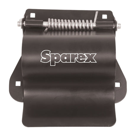 The Grease Gun Mounting Bracket - S.25454 by Sparex is a black metal hinge with a spring mechanism, featuring the word "Sparex" printed in white on the front. It boasts a sturdy all-steel construction and a sleek black powder-coated finish.