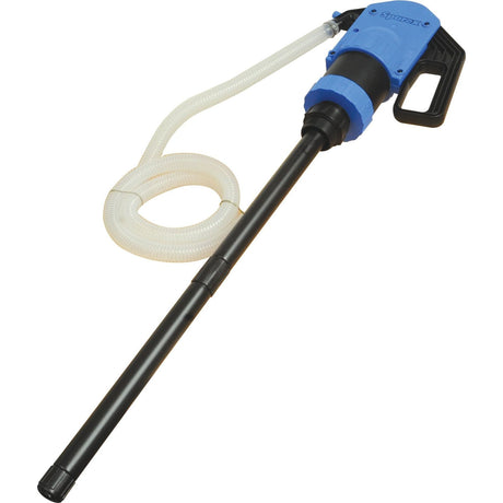 Image of a Sparex Lever Action Plastic Pump (Part No. S.25457) in blue and black with an attached white tube, commonly used for transferring liquids. The design includes an adaptor and is typically found in Sparex equipment.