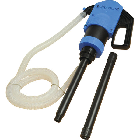 The Lever Action Plastic Pump (Sparex Part No.S.25457) by Sparex is a blue, hand-operated device featuring a flexible hose and two black extension tubes, perfect for transferring liquids. It is compatible with various adaptors and comes with the quality assurance of Sparex.