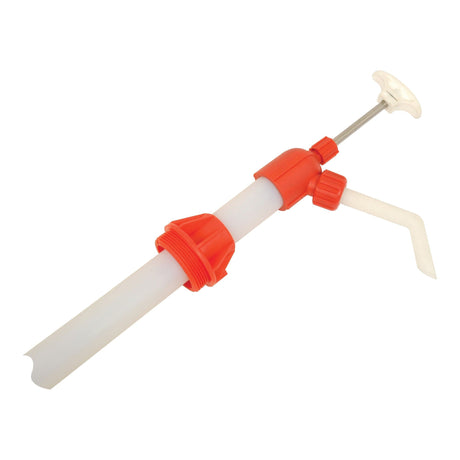 The Nylon Self Priming Chemical Lift Pump - S.25458 by Sparex is a manual liquid transfer pump featuring a white, orange, and red plastic body with a curved spout and a white handle, ideal for dispensing from 205-litre drums.