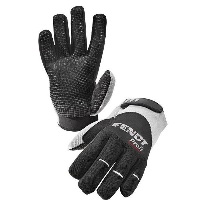 Pair of AGCO Fendt - Profi Gloves (X99100557) with black palms and fingers, white accents, Velcro wrist closures, and a good grip.