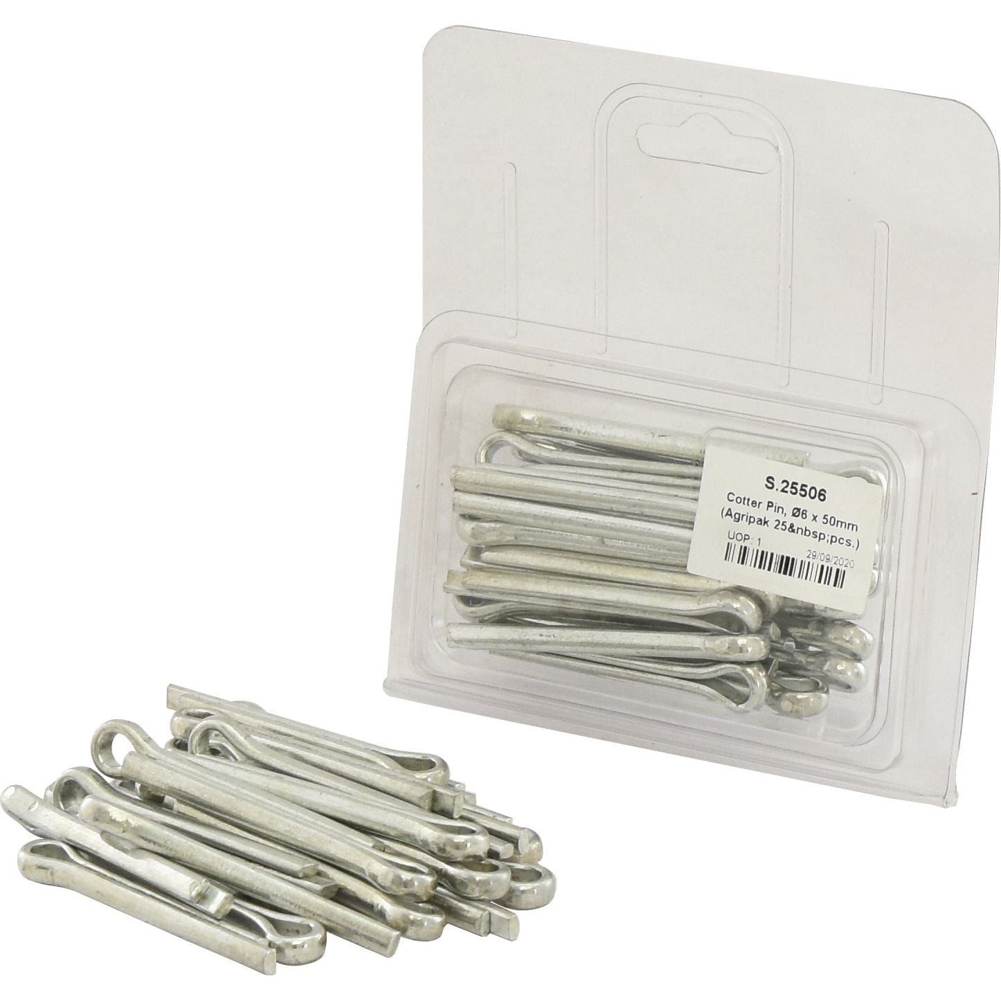 A package of Sparex cotter pins with some pins displayed outside the package. The label reads "Cotter Pin, Ø6 x 50mm, Agripak 25 pcs.