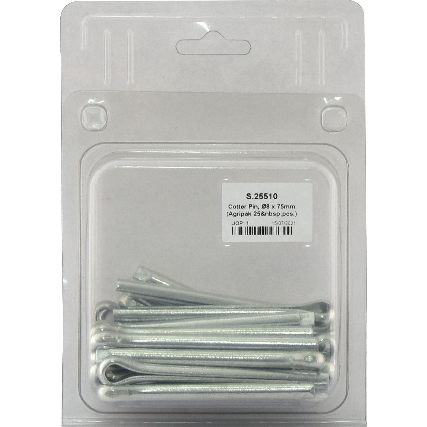 Package of 25 Sparex cotter pins, each measuring 8mm in diameter and 75mm in length, neatly displayed in a clear plastic case with an Agripak label on the front.