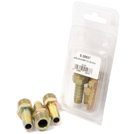 Three metallic hose fittings are placed beside a sealed plastic package containing two more identical Sparex fittings. The package label reads "Hose Tail 3/8'' ID hose to Male Thread 3/8'' BSPT (Agripak 3 pcs.) | Sparex Part No.S.25537".