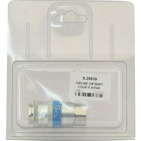 A Coupling Female Thread 3/8'' BSP (Agripak 1 pc.), marked as Sparex Part No. S.25539, is displayed inside a clear plastic container.
