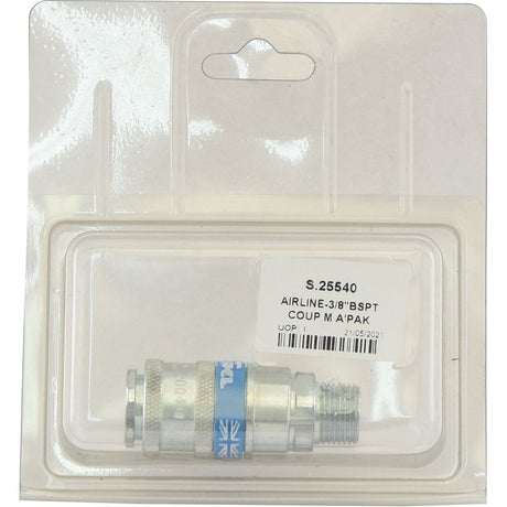 Packaged airline coupler labeled "Coupling Male Thread 3/8'' BSPT (Agripak 1 pc.)" by Sparex, with item number S.25540. The steel coupling package shows a label with the date "21/05/2021".