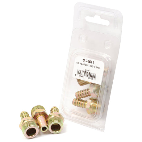 Image of Sparex airline pipe fittings, including a 3/8'' BSPT Hose Tail Fitting designed for 5/16'' ID hose, in a transparent retail package. The package features both a barcode and the item code "S.25541." Additionally, three loose Sparex fittings are displayed in front of the package for connecting to a 5/16'' ID hose. These products are labeled as Hose Tail 5/16'' ID hose to Male Thread 3/8'' BSPT (Agripak 3 pcs.).