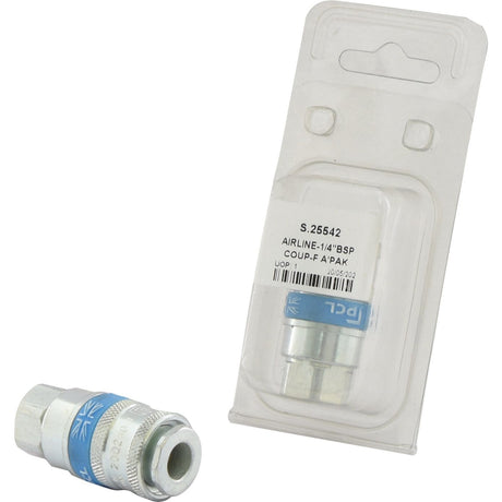 Two metal airline couplers with male threads, one inside packaging and one outside, both featuring blue bands. The packaging displays product information. Additionally, this set includes a Sparex Coupling Female Thread 1/4'' BSP (Sparex Part No. S.25542) for compatibility with various fittings.