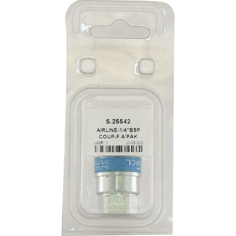 Packaged Coupling Female Thread 1/4" BSP (Agripak 1 pc.) with Sparex Part No. S.25542, featuring a 1/4" BSP female thread, displayed in a clear plastic and cardboard package.