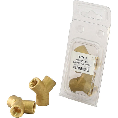 A package contains two brass Y Piece Connector Female Threads 1/4" BSP, with one connector visible inside the packaging and the other outside. The package is labeled with Sparex Part No. S.25544. These high-quality airline fittings ensure secure connections for your air systems.