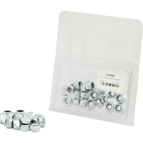 A partially opened pack of Metric Self Locking Nuts, M8x1.25mm (DIN 985) with several zinc plated, steel nuts spilled out in front. The plastic packaging displays a label with product details and a barcode, featuring the Sparex brand name and Part No. S.25591.