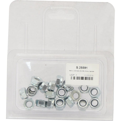 A plastic packaging contains several zinc-plated lock nuts. The label on the packaging reads "Sparex Metric Self Locking Nut, Size M8x1.25mm (DIN 985) Metric Coarse | Sparex Part No.S.25591, 10 pcs." The expiration date is indicated as 31/05/2019.