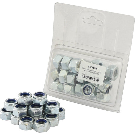 The image displays a pile of hex nuts along with an additional sealed plastic package containing more Sparex Metric Self Locking Nuts. The packaging clearly shows product details, including a Pitch of 1.75mm and compliance with DIN 985 specifications. The nuts have a metallic finish and are labeled as "Metric Self Locking Nut, M12x1.75mm (DIN 985) Metric Coarse | Sparex Part No.S.25593.