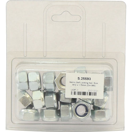 Plastic packaging containing several metallic self-locking nuts labeled "Sparex Metric Self Locking Nut, M12x1.75mm | Part No. S.25593," compliant with DIN 985 standards.