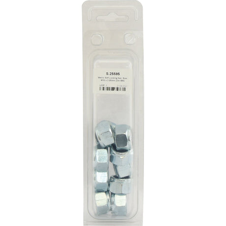 A clear plastic casing with a cardboard backing houses a package of Sparex Metric Self Locking Nuts (M16x2.00mm, DIN 985). The packaging features a label with text, a barcode, and information detailing its zinc-plated finish and compliance with the DIN 985 standard. The Sparex Part Number is S.25595.