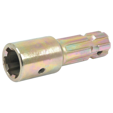 A metallic cylindrical adapter, known as the PTO Adaptor - Female spline 1 3/8'' - 6 x Male spline 1 3/8'' - 6 with | Sparex Part No. S.255, features a hollow hexagonal end and a ridged, multi-faceted other end.