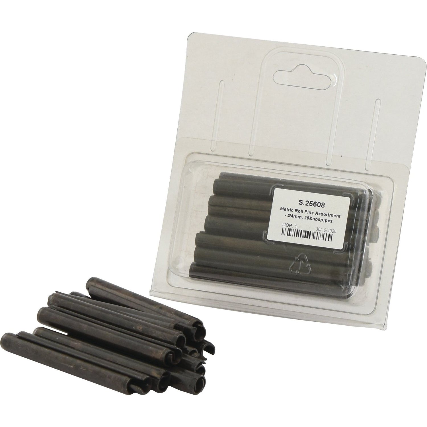 A Sparex Agripak package of metric roll pins, Ø4mm and containing 20 pieces (Sparex Part No.S.25608), is displayed with additional roll pins scattered outside the package.