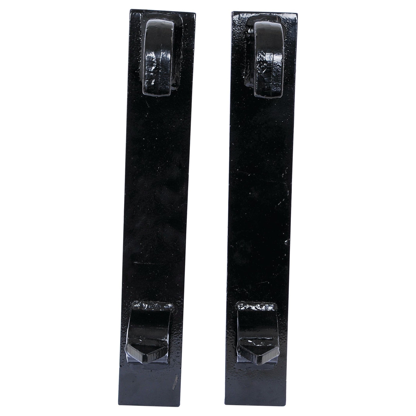 Two black rectangular metal loader brackets with attached bolts and loops on the top and bottom ends, suitable for McConnel VARIOUS models. Branded as Sparex, each bracket in the pair is a replacement for Trima part S.25623.