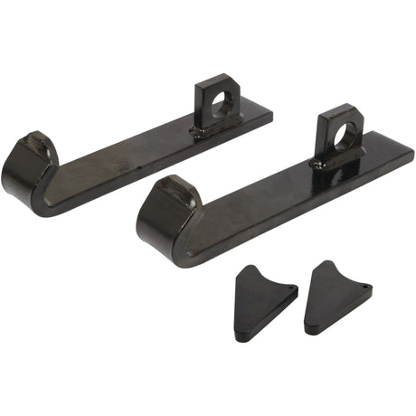 Two black metal brackets and two black triangular metal pieces are displayed against a white background. The Sparex Loader Brackets (Pair), replacement for Quicke No.3 - S.25624, have mounting holes and angled ends, making them ideal for Bucket Stops or ALO Quicke attachments.